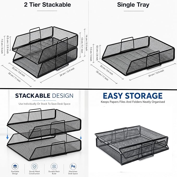 Exerz Paper Sorter Stackable/Desk Letter Tray A4 File Holder 2pcs - Wire Mesh - Office, School - Black | Durable Metal Mesh Holds Papers Files Folders Notebooks And Magazines For Office Home Study Classroom Desks - Image 2