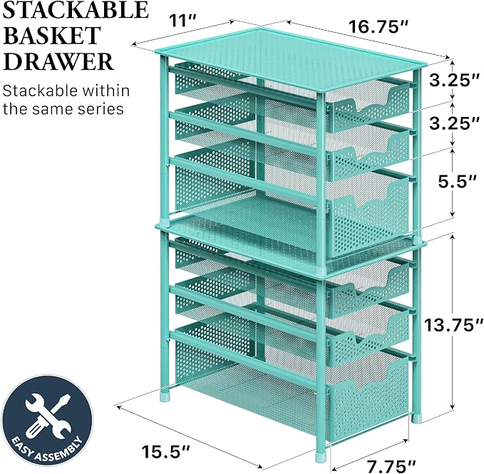Simple Houseware Stackable 3 Tier Slide Basket Organizer Drawer, Turquoise - Image 2