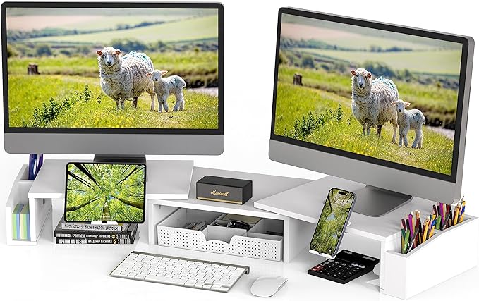 Simple Houseware Desk Dual Monitor Stand Riser with Drawer, White | Customizable Organizer Tray, Built-In Phone & Tablet Slot and Side Storage by SimpleHouseware