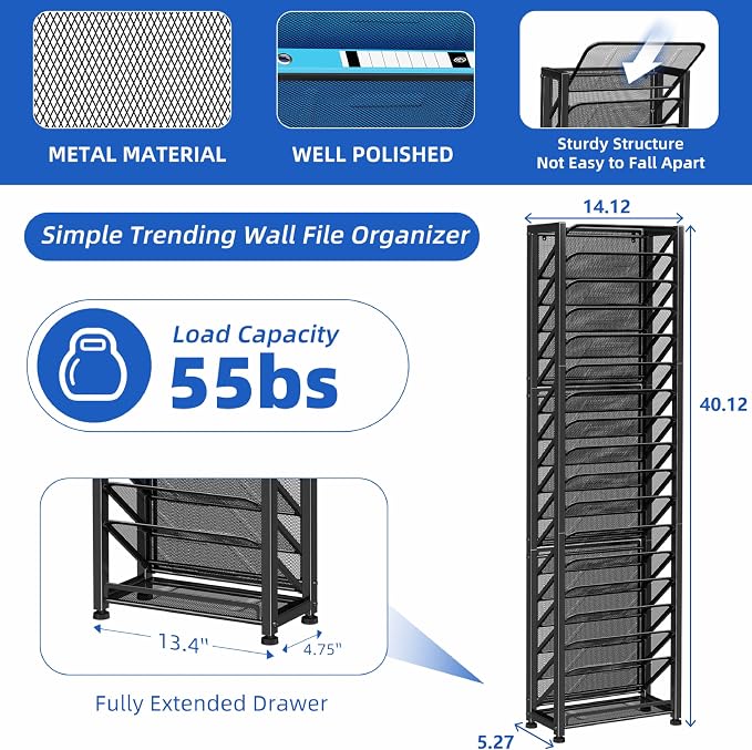 Simple Trending Wall File Organizer, 18-Tier Mesh Hanging Paper Document Folder Holder, Desktop Metal Files Storage Rack for Office and Home, Black - Image 4