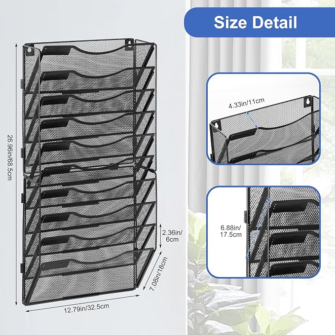 EasyPAG Wall File Organizer for Office 10 Pocket Mesh Wall Mounted Paper Organizer Hanging Folder Holder with Nametag Label for Home School, Black - Image 8