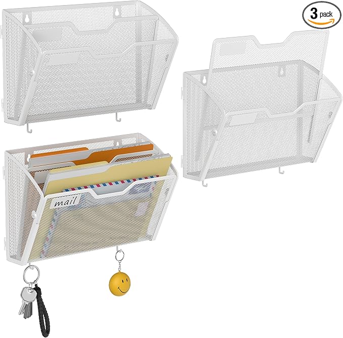 Docnest 3 Pack 2 Tier Mesh Wall File Holders with Hooks for Mail, White | Space-saving vertical design with utility hooks. Ideal paper document organizer for office, home, and school by DocNest