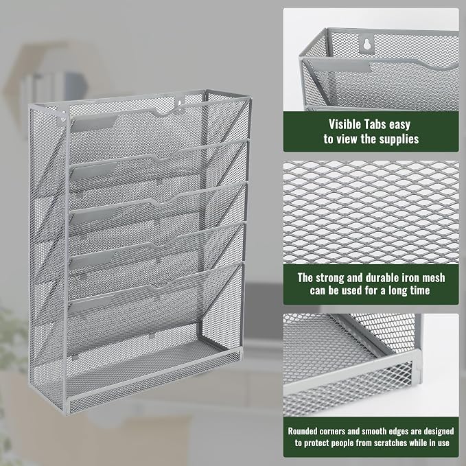 6 Tier Mesh Hanging Wall File Organizer, Desk Vertical Mail Paper Document Folder Holder Rack with Bottom Tray and Nametag Label for Office Home School, Gray - Image 4