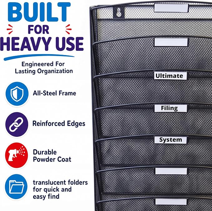 Ultimate Office Mesh Hanging Wall File Organizer, 10 Tier + 18 PocketFiles | Vertical mount hanging file sorter and display rack; includes 18 3rd-cut PocketFile clear document folders - Image 3