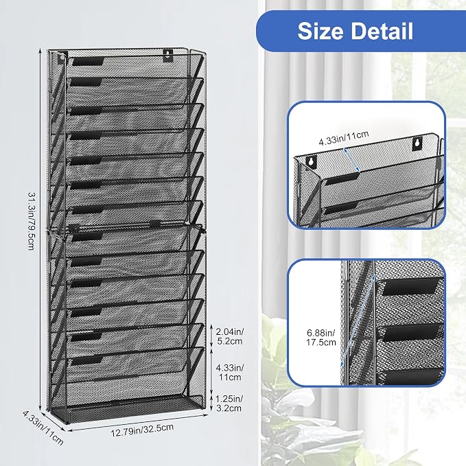 EasyPAG Wall File Holder 14 Tier Mesh Hanging Folder Organizer with Flat Tray Wall Mounted Mail Organizer Magazine Paper Desk Shelf with Nametag Label for Office Home School, Black - Image 3
