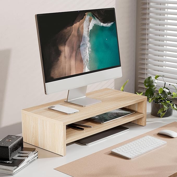 FITUEYES Wooden Monitor Stand Riser, 2-Tier Desk Storage Shelf, Oak | 21.3-Inch Desktop Organizer Fits Laptop, Computer Screen and Office Supplies - Image 2
