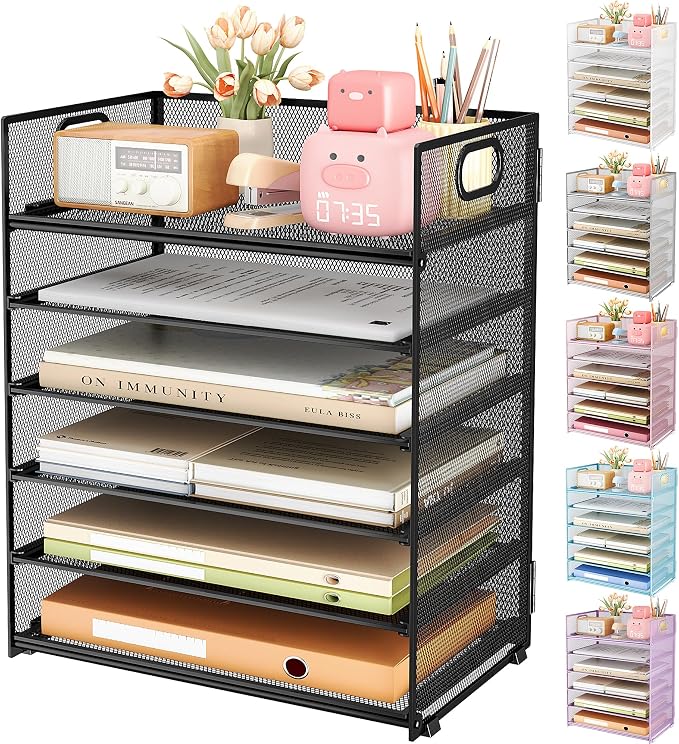 Subekyu 6 Tier Paper Organizer for Desk with Handle, Metal Mesh Desk Office File Folder Paper Letter Tray Accessories Organizer Sorter for Home, School, Office Desktop Document Organization - Gray - Image 2