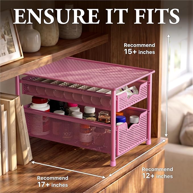 Simple Houseware Stackable 2 Tier Sliding Basket Organizer Drawer, Pink - Image 3