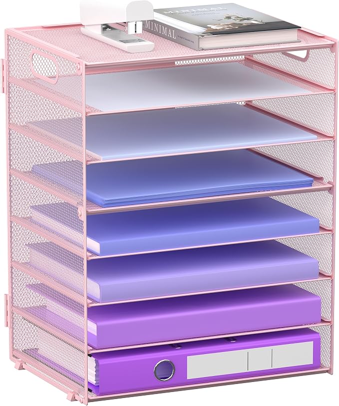 8 Tier Paper Letter Tray Organizer with Handles for Desk (Pink) | Mesh Desk File Holder Storage Organization for Home School Classroom & Office by GoldOrcle