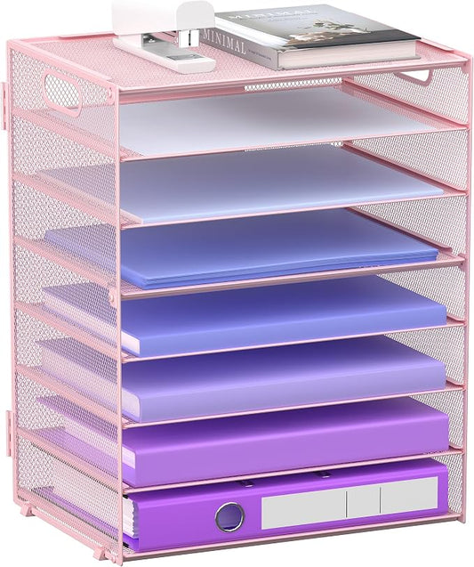 8 Tier Paper Letter Tray Organizer with Handles for Desk (Pink) | Mesh Desk File Holder Storage Organization for Home School Classroom & Office by GoldOrcle