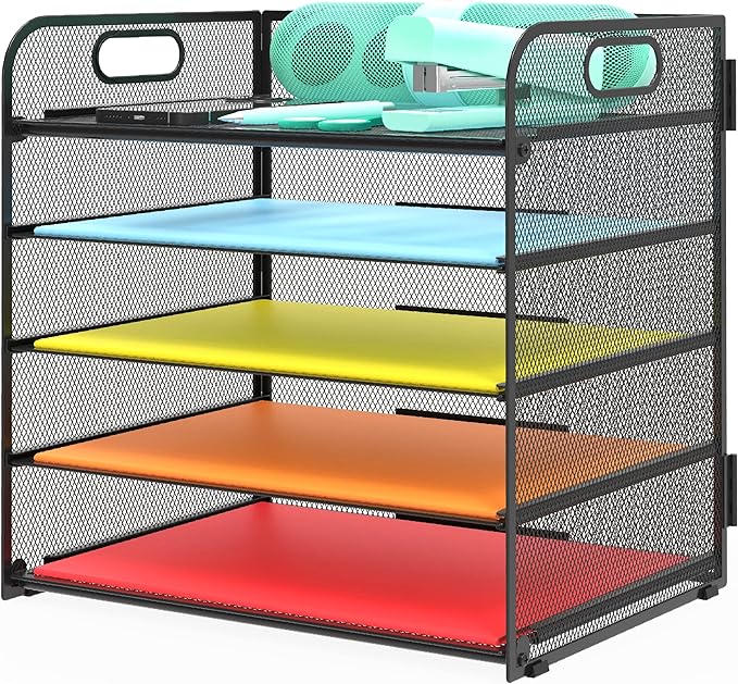 Letter Tray Paper Organizer 5-Tier Desk Organizer File Organizer Paper Holder with Handle, Metal Desktop Document Shelf Tray Office Classroom Organization - Black by Sinboun