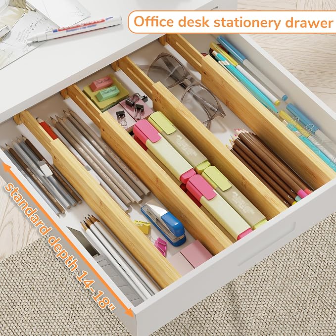 BAMEOS Bamboo Expandable Drawer Dividers – Fits 13.3"–19" Drawers, 2" High, Set of 4 | Spring-Loaded Bamboo Separator for Kitchen Island, Bathroom Vanity & Dresser Drawers - Image 7