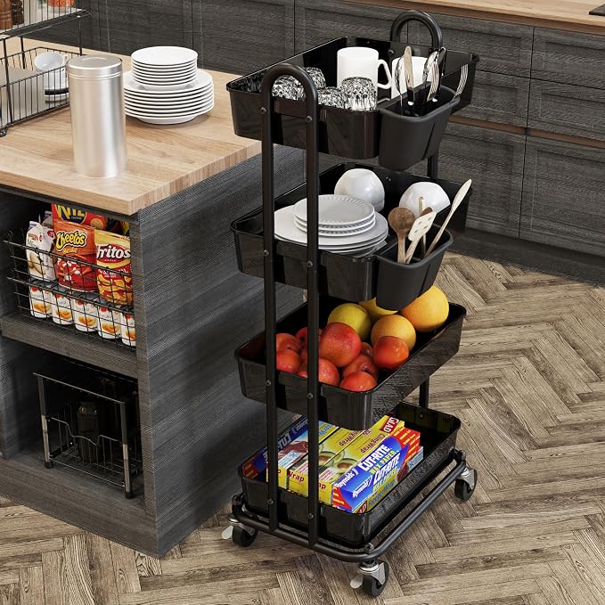 Simple Houseware 4-Tier Rolling Utility Cart with Hanging Bucket, Black | Storage for Bathroom, Kitchen, Office, Study Room, Nursery Diaper - Image 7