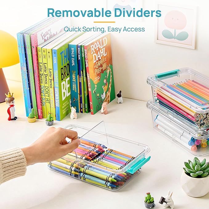 Vtopmart 12 Pack 1.5Qt Clear Pencil Box, Plastic Pencil Holder with Removable Divider for Pen Organizer, Small Stackable Containers with Lid for Pen, Art Craft, Sticker, Scrapbook & Office Supplies - Image 3