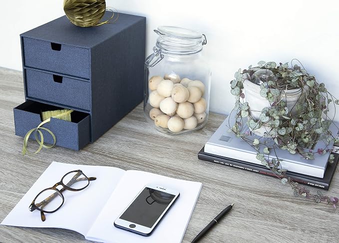 Bigso Box of Sweden Ingrid 3-Drawer Fiberboard Desk Organizer for Office Supplies and Accessories - Stackable Makeup Drawer Organizer - 6.3in x 9.9in x 8.1in - Blue - Image 2