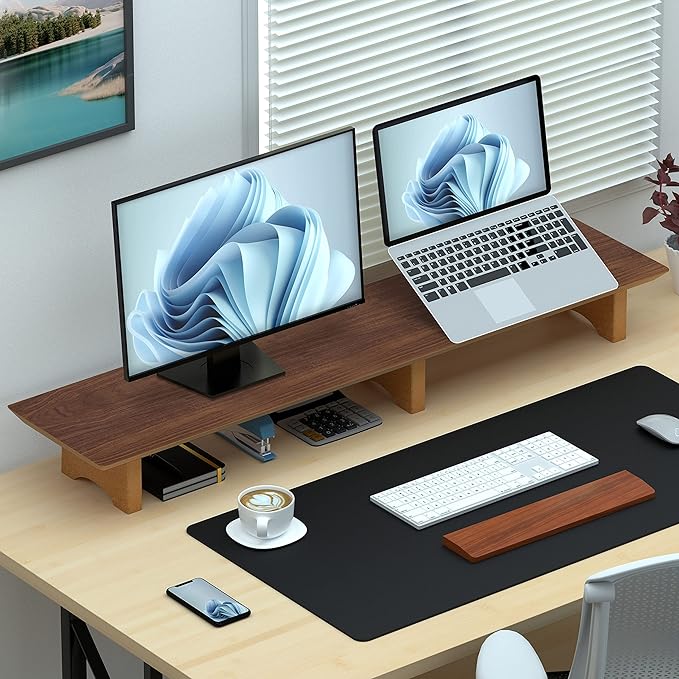Aothia Solid Wood Dual Monitor Stand Riser for Desk, 43 Inch Black Walnut Computer Monitor Riser with Cork Legs, Extra Long Desktop Organizer Shelf for 2 Monitors, Laptop & Printer - Image 5