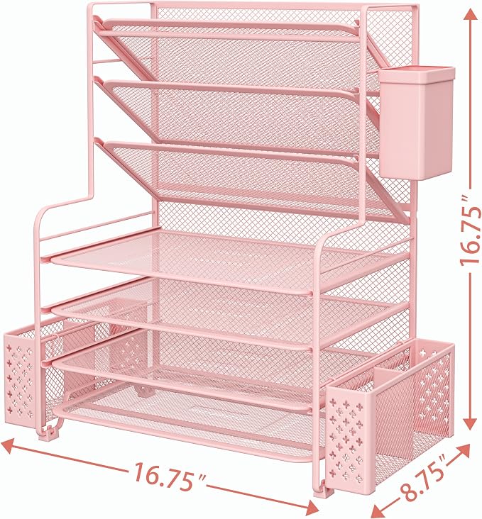 Simple Trending 7 Tier Desk File Organizer, Letter Tray Paper Organizer with Pen Holder and Metal Hanging Basket, Pink - Image 3