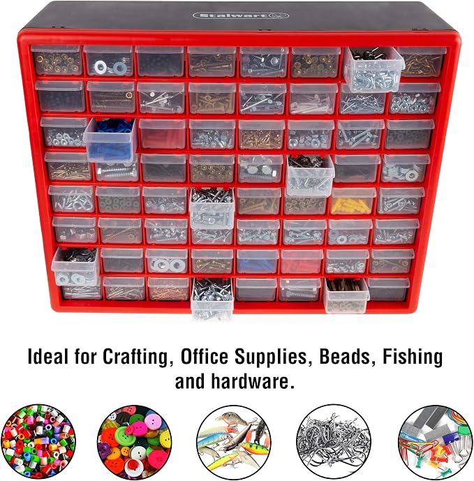 64-Drawer Storage Organizer - Plastic Drawers for Organization - Desktop or Wall-Mounted Container for Hardware, Tools, and Beads by Stalwart (Red) - Image 6