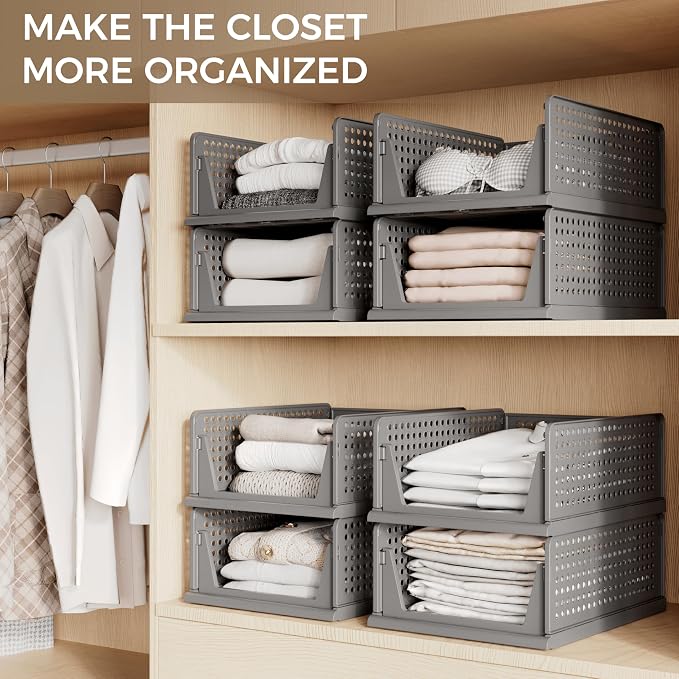8 Pack Closet Organizer Storage Bins Stackable Plastic Drawer Shelf | Basket for Clothing Stackable Storage Bins Shelf Storage Container for Closet Wardrobe Bedroom Bathroom Office Grey Foldable - Image 5