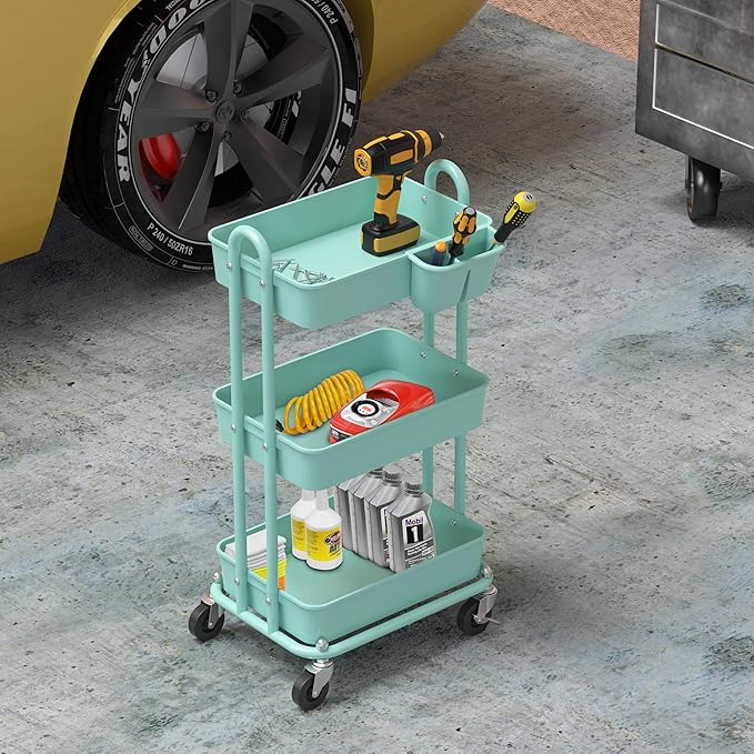 Simple Houseware 3-Tier Rolling Utility Cart with Hanging Bucket, Turquoise | Storage for Bathroom, Kitchen, Office, Study Room, Nursery Diaper - Image 6
