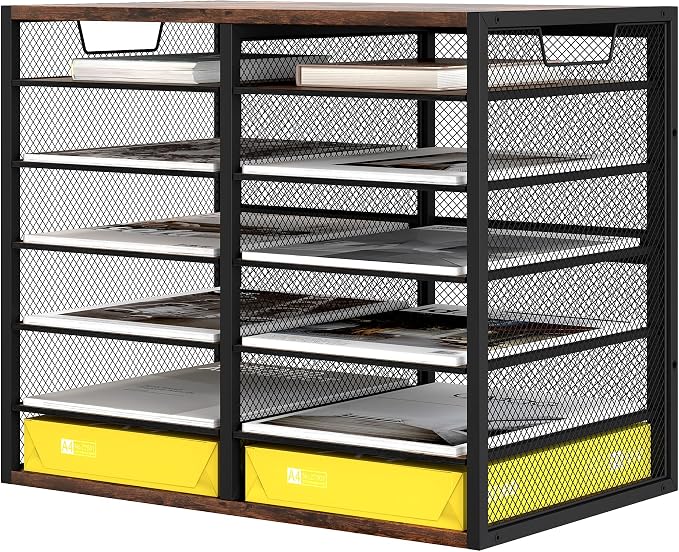 TQVAI 12 Compartments Desktop Literature Organizer, Metal Frame Paper Sorter with Handles, Adjustable Mailbox for Classroom and Office, Desk File Organizer for Document, Bill, Magazine, Antique Brown by TQVAI