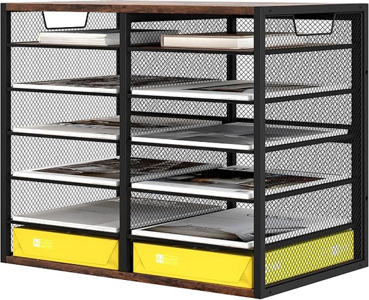 TQVAI 12 Compartments Desktop Literature Organizer, Metal Frame Paper Sorter with Handles, Adjustable Mailbox for Classroom and Office, Desk File Organizer for Document, Bill, Magazine, Antique Brown by TQVAI