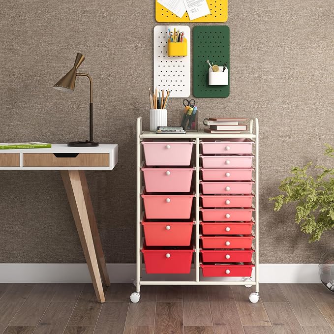 GOFLAME 15-Drawer Rolling Storage Cart, Craft Storage Cart with Removable Drawers & Lockable Wheels, Art Cart Supply Storage Organizer for Home Office Classroom, Pink Gradient - Image 2