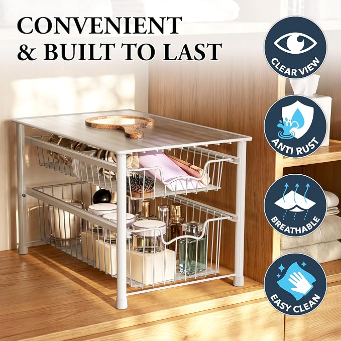 Simple Houseware Stackable Sliding Basket Organizer Drawer, White, 2-Tier - Image 5