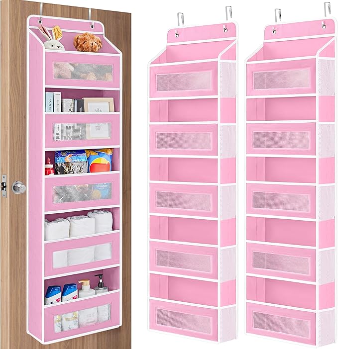 JARLINK Over the Door Organizer for Pantry, Bathroom, 5 Shelf Pink, 2 Pack | Anti-Tilt Design, 44 lb Load Capacity, Hanging Door Organizer with 5 Large Capacity Pockets, Behind Door Storage for Nursery by JARLINK