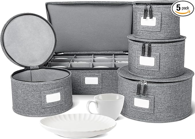 5-Piece Premium China Storage Set | Plates & Mugs | Gray | Full China Set For 12 - 4 Plate Cases + Mug Case, Flip-Top Lid. Hard Shell, Felt Dividers, Stackable, Easy Access. by storageLAB
