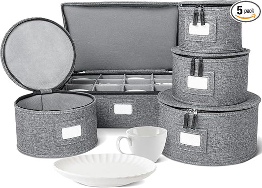 5-Piece Premium China Storage Set | Plates & Mugs | Gray | Full China Set For 12 - 4 Plate Cases + Mug Case, Flip-Top Lid. Hard Shell, Felt Dividers, Stackable, Easy Access. by storageLAB