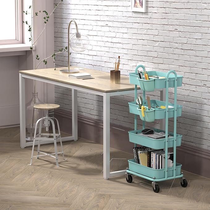 Simple Houseware 4-Tier Rolling Utility Cart with Hanging Bucket, Turquoise | Storage for Bathroom, Kitchen, Office, Study Room, Nursery Diaper - Image 3