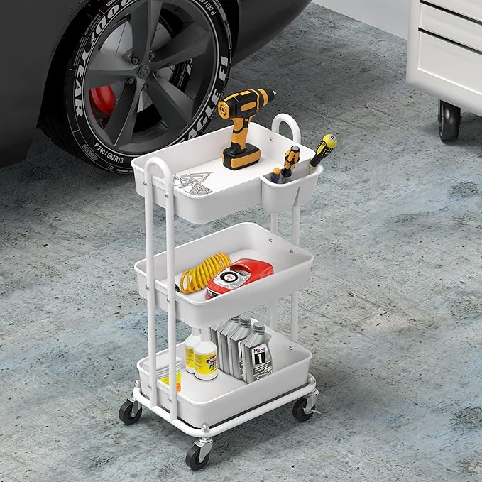 Simple Houseware 3-Tier Rolling Utility Cart with Hanging Bucket, White | Storage for Bathroom, Kitchen, Office, Study Room, Nursery Diaper - Image 5