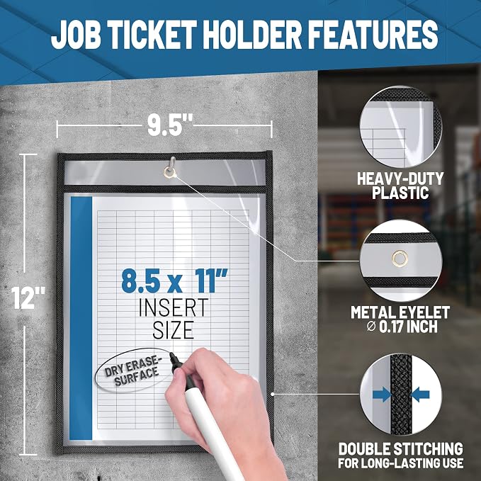 10 Pack Job Ticket Holders 8.5x11 - Work Order Plastic Sleeves for Documents - 8 1/2 x 11 Shop Ticket Holders - Dry Erase Pocket Sleeves - Dry Erase Pockets - Dry Erase Sleeve - Clear Pocket Sleeve - Image 2