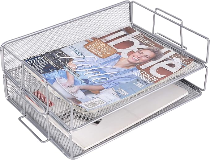 EXERZ Letter Trays 2pcs Stackable Paper Sorter/Desk File Tray/Desk Organizer - Metal Rack - Office, School, Home(Silver Grey Colour) | Two Tier Metal Mesh Stackable Saves Desk Space Holds A4 Papers Folders Notebooks Magazines For Office Home School - Image 9