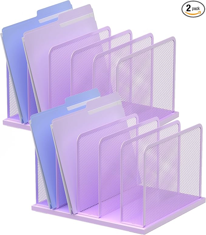 Kuntine.B 5-Section Upright Desk File Organizer Purple 2 Pack | Vertical, Mesh, Metal, Assembly, Stability, Sturdiness, Organization, Standing by KuntineB