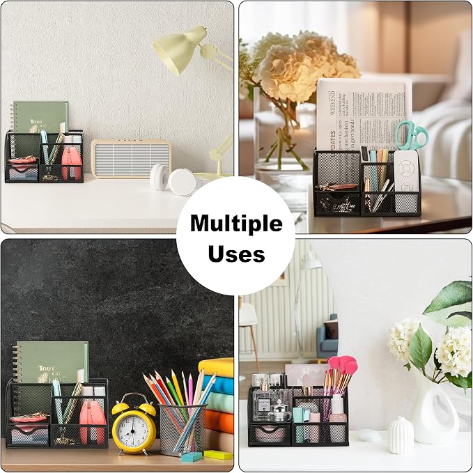 Exerz Desk Organizer 7 Compartment Pencil Holder Office Tidy Caddy Black | Metal Mesh Caddy for Pens Notes Paper Clips and Small Desk Items Compact Stylish for Home Office Study - Image 7