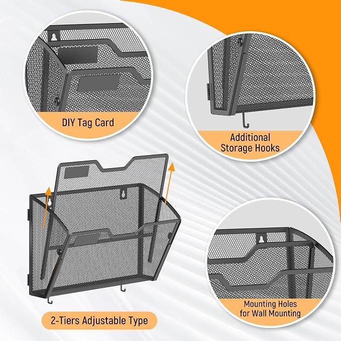 Docnest 3 Pack 2 Tier Mesh Wall File Holders with Hooks for Mail, Black | Space-saving vertical design with utility hooks. Ideal paper document organizer for office, home, and school - Image 4