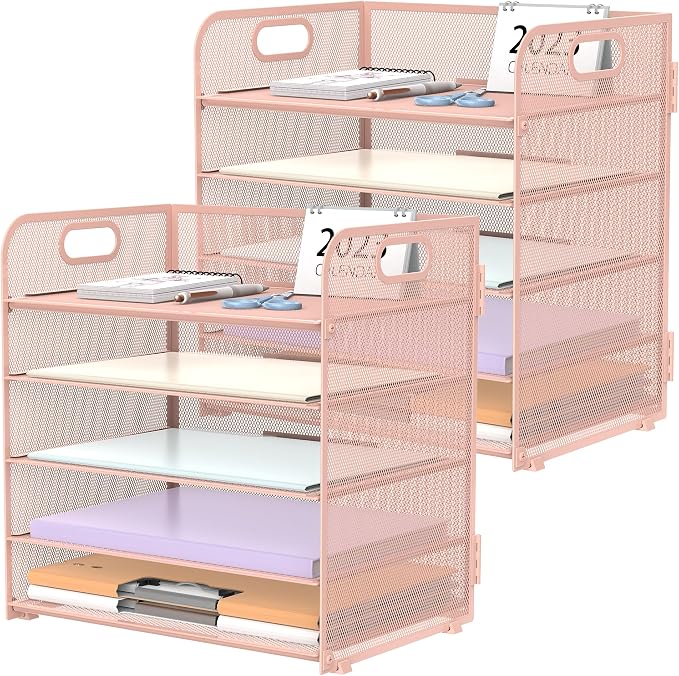 2 Pack 5-Tier Pink Desk Organizer with Handle Mesh Desk File/Paper Organizer Letter Tray for Office, School, Classroom and Home Easy Installation by SUPEASY