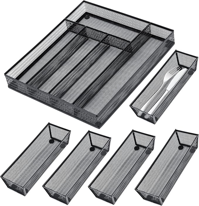 Neudeco Drawer Organizer Set, Black Mesh, 6 Pack | 5-Compartment Silverware Organizer Tray, 5 Utensil Trays, For Flatware, Cutlery, Office Supplies, Non-Slip - Image 2