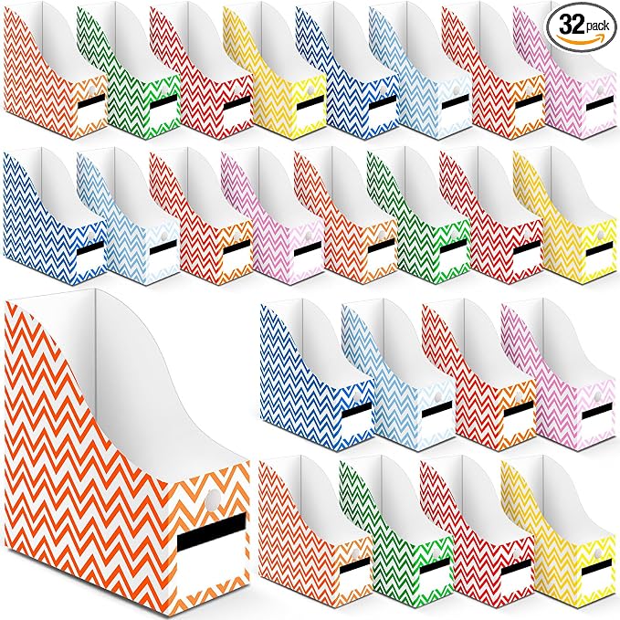 32 Pcs Magazine File Holder Set Including Colored Foldable Desk File Holder Organizer White Label Stickers Cat Pen Cardboard Magazine Storage Box for Document School Office(Solid,Striped) by Jutom
