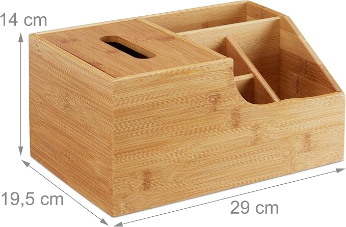 Relaxdays Office Organizer, Desk Supplies Or Make-Up, 4 Compartments & Tissue Dispenser Box, Bamboo, 14x29x19.5 cm, Natural - Image 4