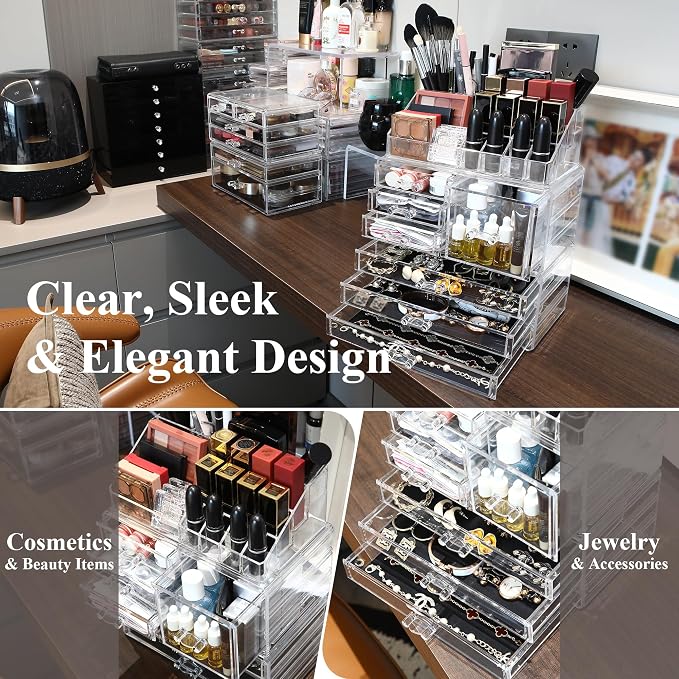 Sea Team 3-Tier Stackable Clear Acrylic Makeup Organizer with Drawers | Cosmetic Display Case, Jewelry Storage Box, 7 Drawers and 1 Lipstick Holder, Ideal for Vanity, Dresser, Bathroom, Countertop - Image 4