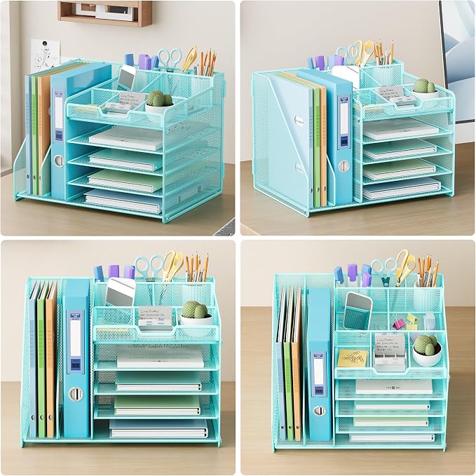 Lavatino 5-Tier Desk Organizer with 2 File Holders, Metal Adjustable Paper Letter Tray for Office or Home Desk Organizers and Accessories | 7 Flexible Dividers Keep Workspace Supplies Neat, Blue - Image 4