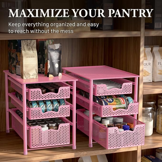 Simple Houseware Stackable 3 Tier Sliding Basket Organizer Drawer, Pink - Image 7