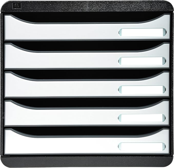 Exacompta - Ref 3097213D - BIG-BOX PLUS Desktop Drawer Set - 5 x 43mm Drawers, Suitable for A4+ Documents, 347 x 278 x 271mm, 100% Recycled Plastic - Black/Glossy White by +Office+Supplies