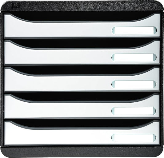 Exacompta - Ref 3097213D - BIG-BOX PLUS Desktop Drawer Set - 5 x 43mm Drawers, Suitable for A4+ Documents, 347 x 278 x 271mm, 100% Recycled Plastic - Black/Glossy White by +Office+Supplies