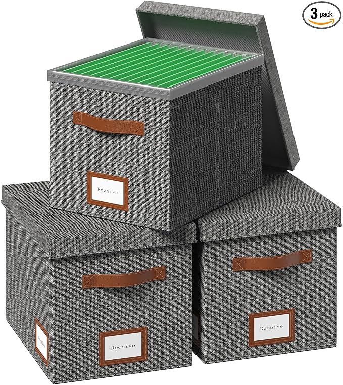 File Organizer Box with Lid File Box for Hanging Decorative File Organizer with One-Piece Integrated Plastic Slide Rail (Grey, 13.2x10.1x10.1inch(3pack)) by FileOrganizerBoxeswithLid