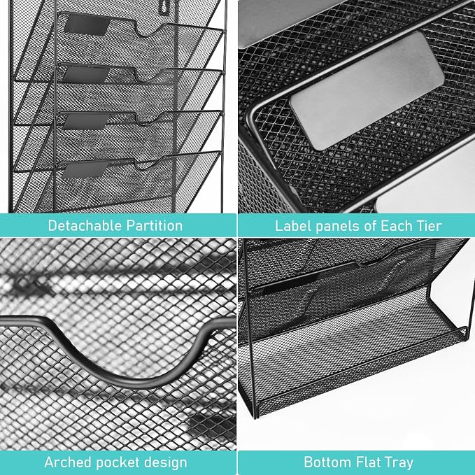 Wall File Organizer, 6 Pockets Mesh Hanging File Organizer, Wall Mount File Holder With Hooks, Wall Organizer Magazine Rack for Office Supplies, Black - Image 3
