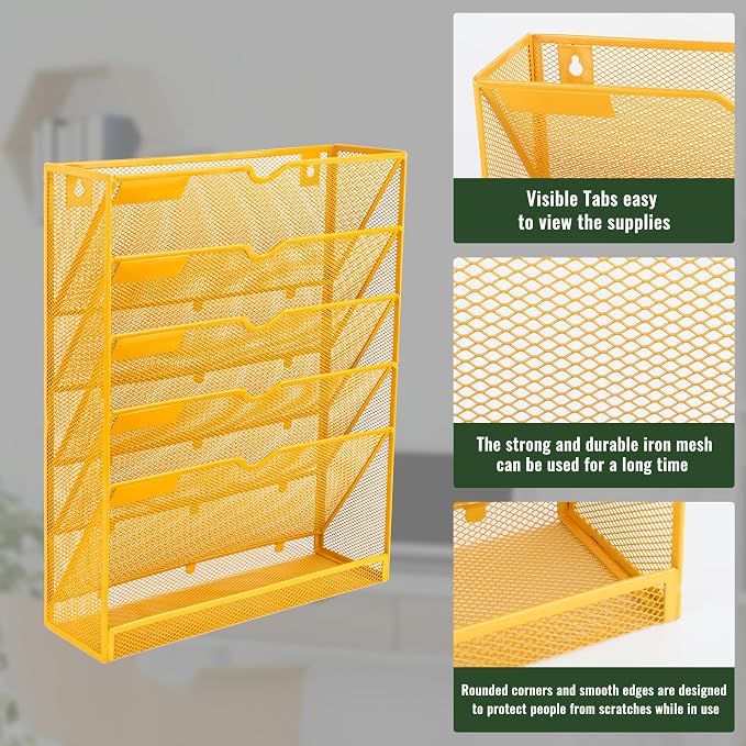 6 Tier Mesh Hanging Wall File Organizer, Desk Vertical Mail Paper Document Folder Holder Rack with Bottom Tray and Nametag Label for Office Home School, Yellow - Image 4